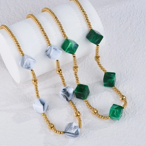 Bohemian Stainless Steel Necklace With Marble Pattern Resin Cube Beads Vintage Fashion Jewelry For Women OL Style