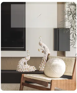 Detailed resin peacock figurines in cream and gold for modern home decor set