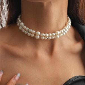 Close-up of double-layer faux pearl choker necklace with sparkling glass crystal spacers