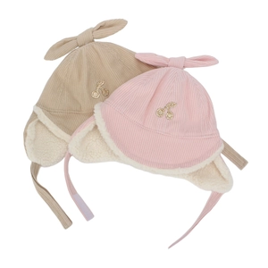 Baby winter corduroy earflap hat with fleece lining, cherry embroidery, and top bow.