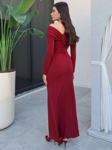 Elegant red off-shoulder slim knit dress with long sleeves and ruched back detail