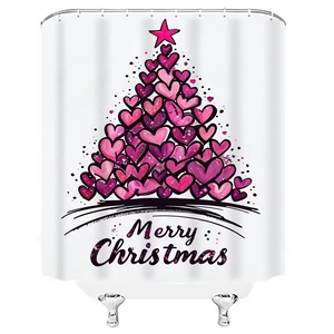 Detail view of heart-shaped Christmas tree print on waffle shower curtain for bathroom