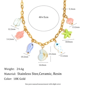 18K gold plated stainless steel ocean necklace with colorful ceramic fish and shell charms