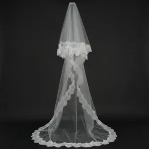 Elegant white double-layer bridal veil with vintage wide lace trim and chapel length