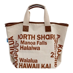 Minimalistische Canvas Tote Bag für Damen mit braunem Besatz und Hawaii-Textmustern