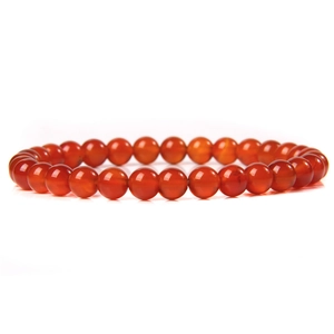 Detailed top view of a translucent 6mm red agate beaded elastic bracelet on white background