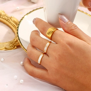 18K gold plated stainless steel ring set with rectangular shell inlay on hand