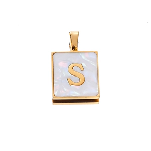 Detailed view of square stainless steel letter S pendant with white shell inlay