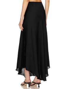 Elegant black satin maxi skirt with high-shine fabric and graceful draped back view