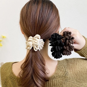 Plush fuzzy scrunchie set in cream, black and brown for high ponytail hair styling