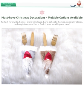 Close-up of gnome-style Christmas cutlery holders in gray and brown felt fabric