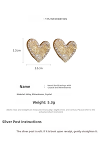Detail view of heart stud earrings with champagne crystals and size dimensions