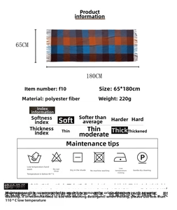 Detailed size specifications and washing guide for the 65x180cm striped plaid scarf