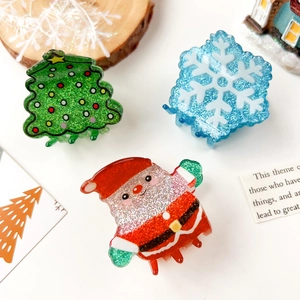 Christmas hair clips featuring Santa, Xmas tree and snowflake with glitter resin finish