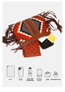 Internal storage view of bohemian tassel bag holding phone wallet and essentials