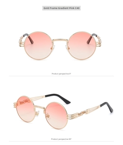 Detail of steampunk round metal sunglasses with gold frames and gradient pink lenses