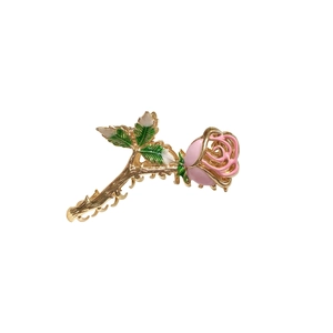 French retro golden metal hair claw with pink rose design and green leaf detail