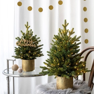 Mini pre-lit PE Christmas trees in gold pots for elegant desktop holiday decor