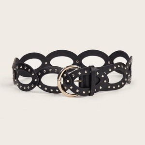 Retro street fashion PU leather belt with cutout oval rings and silver rivets on white background