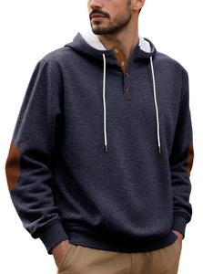 Detail of dark grey hoodie featuring buttoned placket and brown suede elbow patches