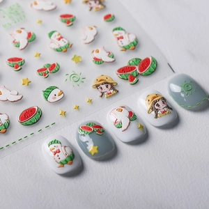 5D Embossed Nail Stickers PET Cartoon Watermelon Duck Girl Star Patterns Self Adhesive 3D Relief Nail Art Decoration