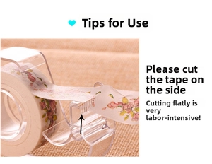 Detail of transparent tape dispenser showing side-cutting technique with floral washi tape