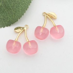 Pink crystal cherry pendants with gold stems and leaves for DIY jewelry making accessories