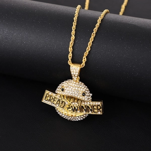 Hiphop gold planet pendant necklace with diamonds and Bread Winner text inscription