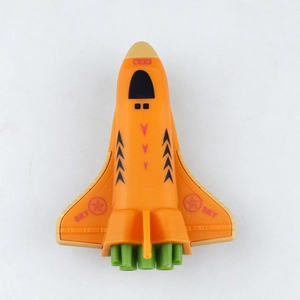 Top view of orange space shuttle toy with SKY wing decals and green engine boosters