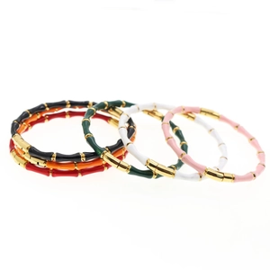 Bamboo style colorful enamel bangles with gold metal spacers in multi-color set