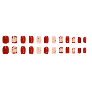 24pcs short square round red and floral press-on nails with glossy finish on white background