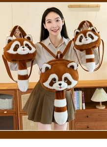 Close-up of cute raccoon plush handbags and backpacks featuring soft fur and striped tails
