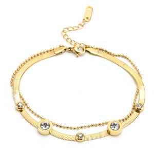 Gold double-layer snake chain bracelet with five round cubic zirconia and Roman numerals