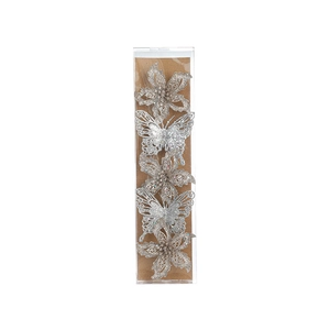Lot de 5 décorations de Noël argentées scintillantes avec motifs papillons et fleurs