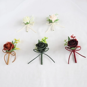 Five-piece artificial rose corsage set in cream, pink, orange, green and burgundy for weddings