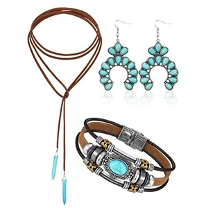 Detail view of bohemian turquoise jewelry set including necklace, earrings and bracelet