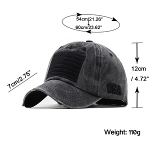 Washed dark gray baseball cap with USA flag velcro patch and embroidered side lettering