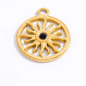 Detail of 18k gold sun pendant with a polished black obsidian stone and sunburst rays