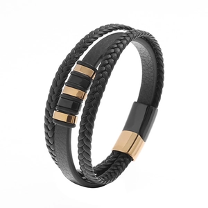 Men's multilayer braided black leather bracelet with rose gold magnetic metal clasp