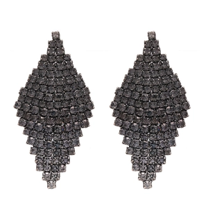 Vintage geometric rhodium earrings featuring dark grey pavé crystals in a diamond shape