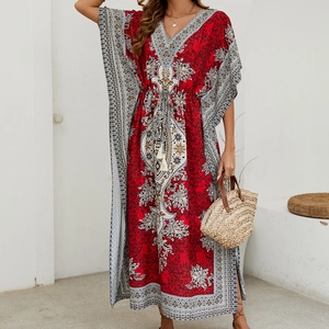 Bohemian print kaftan dress with V-neck and drawstring waist for beach vacation outfit