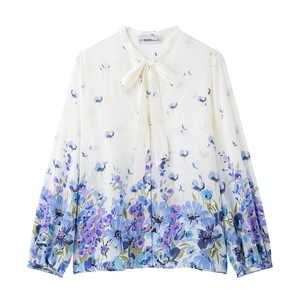 Women Long Sleeve Floral Print Shirt Bow Tie Neck Button Up Polyester Chiffon Loose Sweet Daily Versatile Top