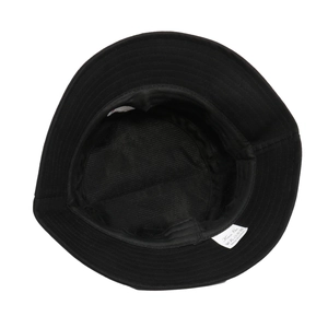 Internal view of black cotton bucket hat with parallel stitched brim and wash label