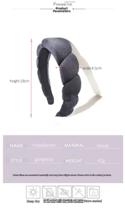 Detailed specs of gray velvet bubble headband showing 18cm height and soft texture