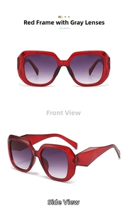 Detail of red square oversized sunglasses with gradient lenses and thick temples
