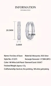 Detail view of S925 silver hoop earrings with 28 hand-set moissanite stones and dimensions