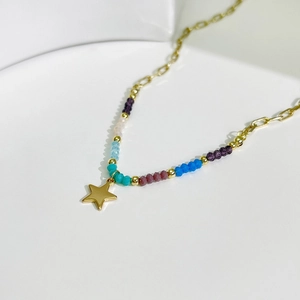 Collier Pendentif Étoile Avec Perles En Acrylique Colorées Alliage Doré Chaîne Trombone Pour Femmes Bijoux Boho