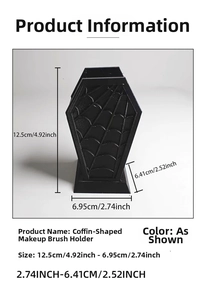 Detailed technical drawing of black coffin makeup brush holder with spider web relief