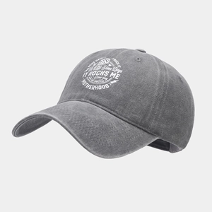Detail of vintage washed dark gray baseball cap featuring Motherhood circular print