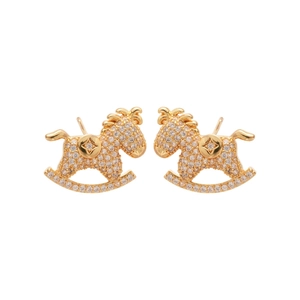 Golden rocking horse pearl stud earrings with sparkling crystals on a white background